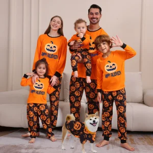 Halloween Party Clothes Women Men Boys Girls  Pumpkin Print 2 PcPajamas Set Holiday Family Look